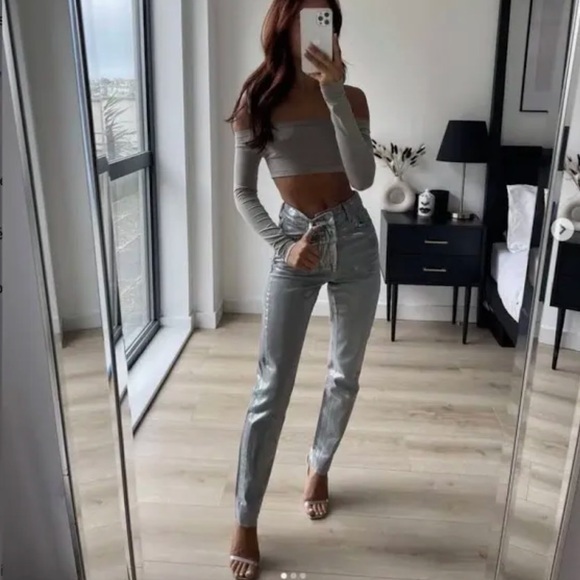 Zara Denim - New Zara Midrise Metallic Sparkle Slim Straight Silver Grey Jeans